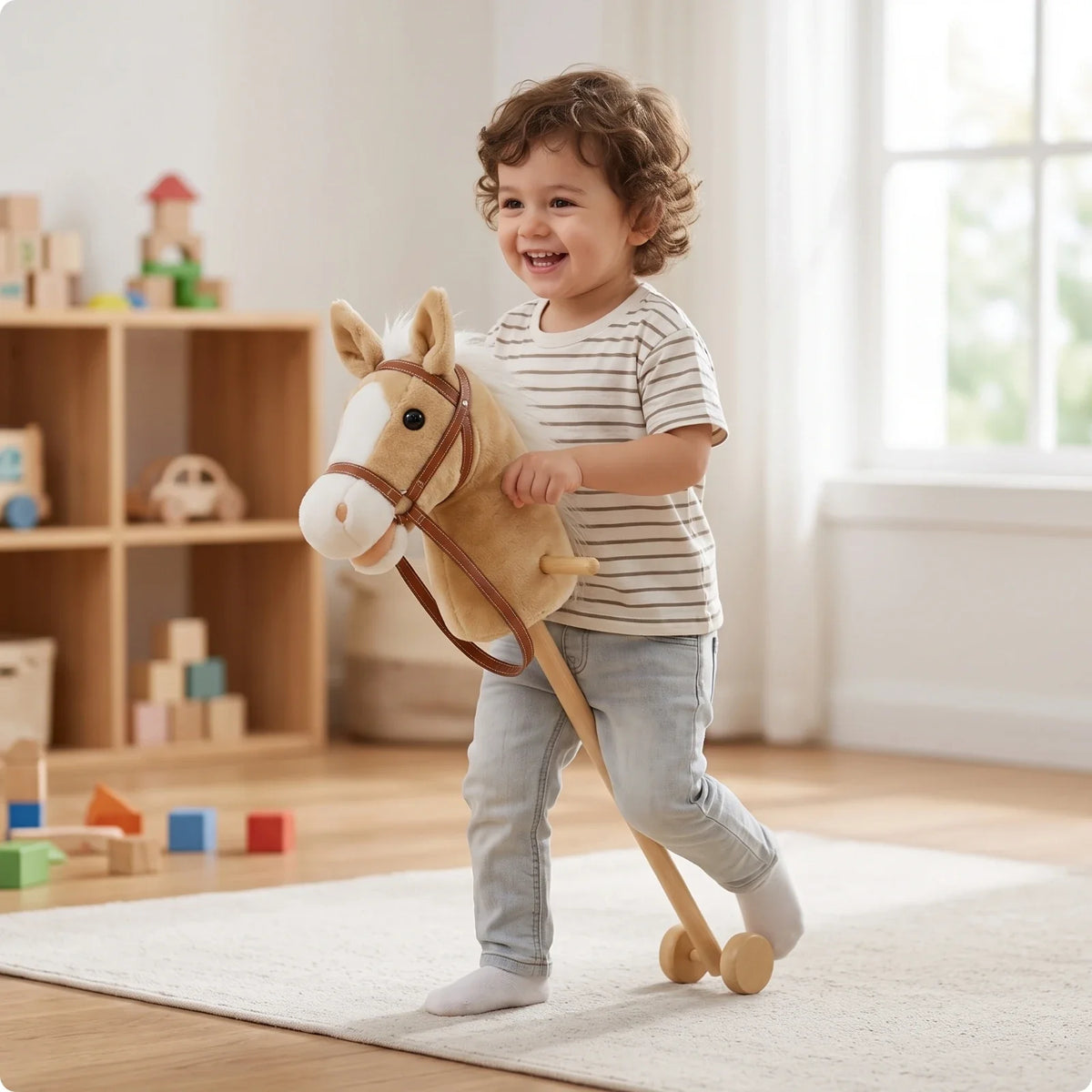 Enfant poussant un cheval à bâton en peluche marron clair sur roulettes en bois