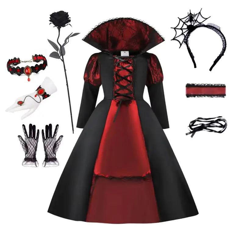 Déguisement de vampire fille avec robe, serre-tête, rose et gants longs