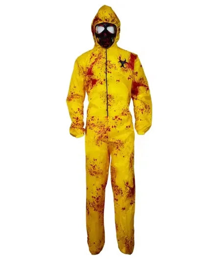 Costume hazmat zombie porté avec capuche et masque à gaz, vue de face