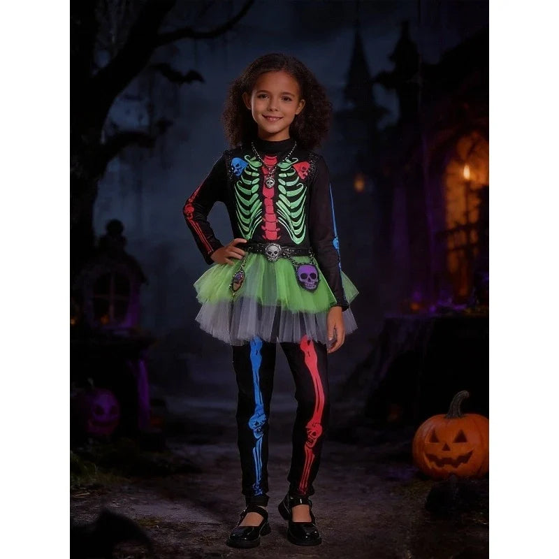 Fillette portant un déguisement tutu squelette marron multicolore avec gants