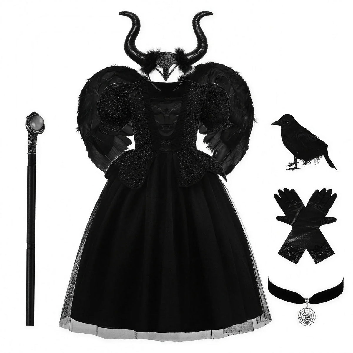 Robe de bal noire avec serre-tête à cornes, ailes et sceptre