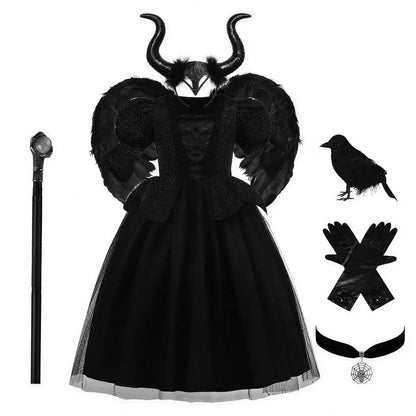 Robe de bal noire avec serre-tête à cornes, ailes et sceptre