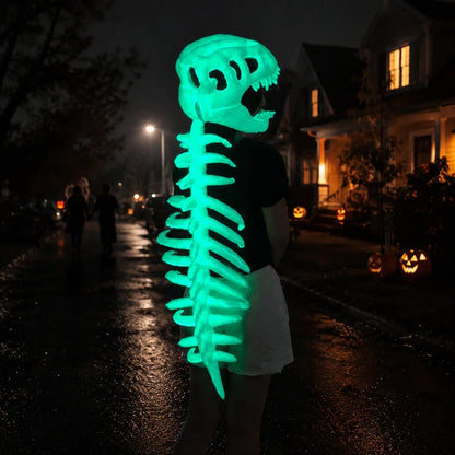 Costume squelette de dinosaure qui brille dans le noir, en extérieur le soir d'Halloween
