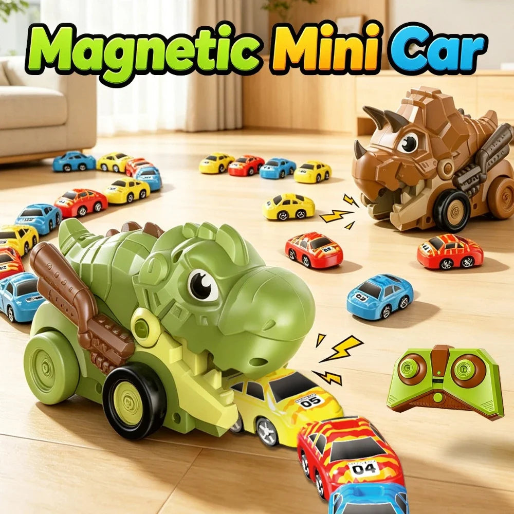 Dinosaures radiocommandés vert et marron avec mini-voitures magnétiques