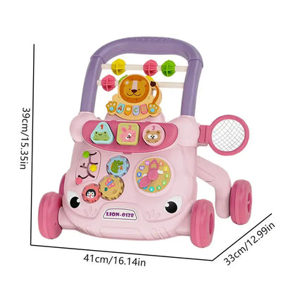 Trotteur d'activités bébé rose, motif lion