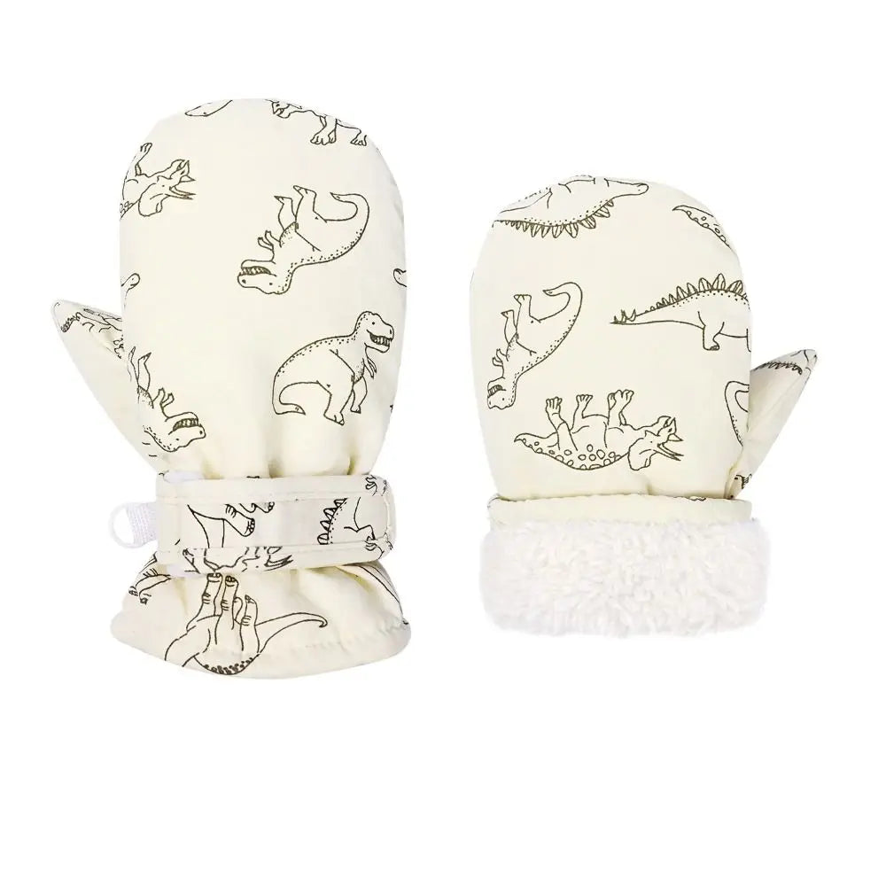 Moufles de ski imperméables enfant motif dinosaure avec poignet sherpa, coloris beige
