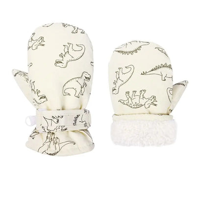 Moufles de ski imperméables enfant motif dinosaure avec poignet sherpa, coloris beige