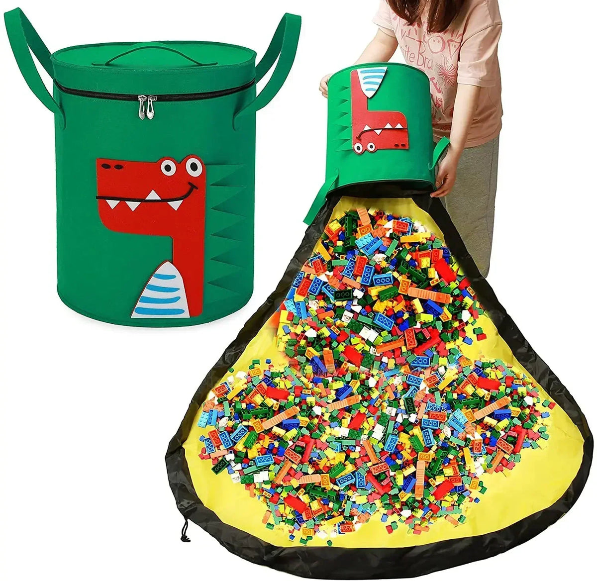 Panier de rangement en feutre dinosaure rouge déplié en tapis de jeu