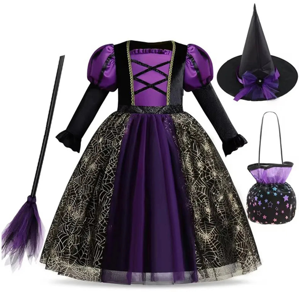 Ensemble sorcière violette complet avec robe, chapeau, sac et balai