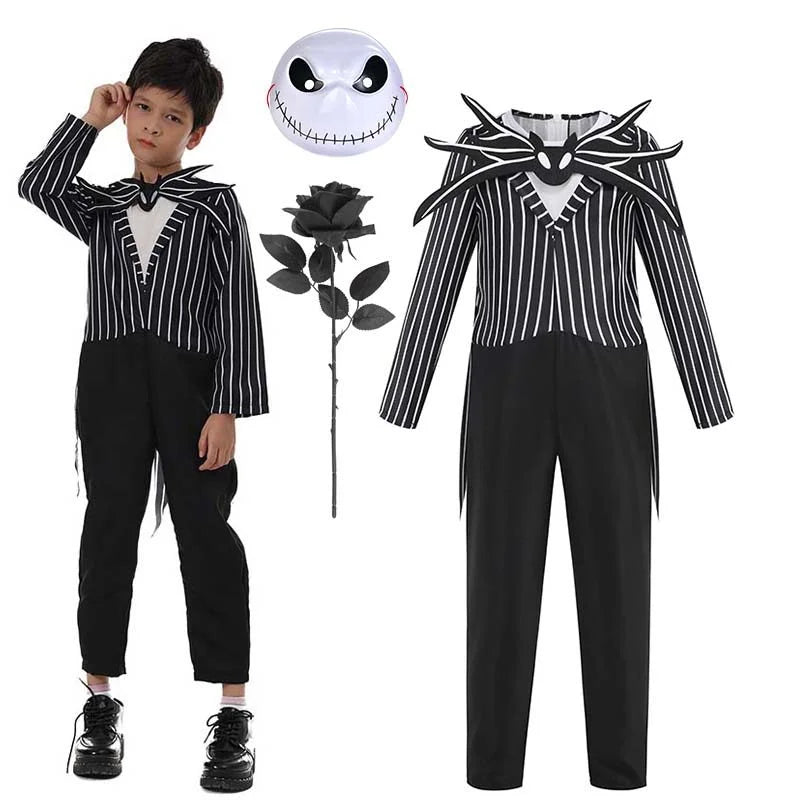 Combinaison squelette avec masque et rose noire