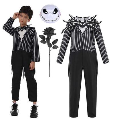 Combinaison squelette avec masque et rose noire