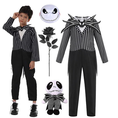 Combinaison squelette avec masque, rose noire et peluche assortie