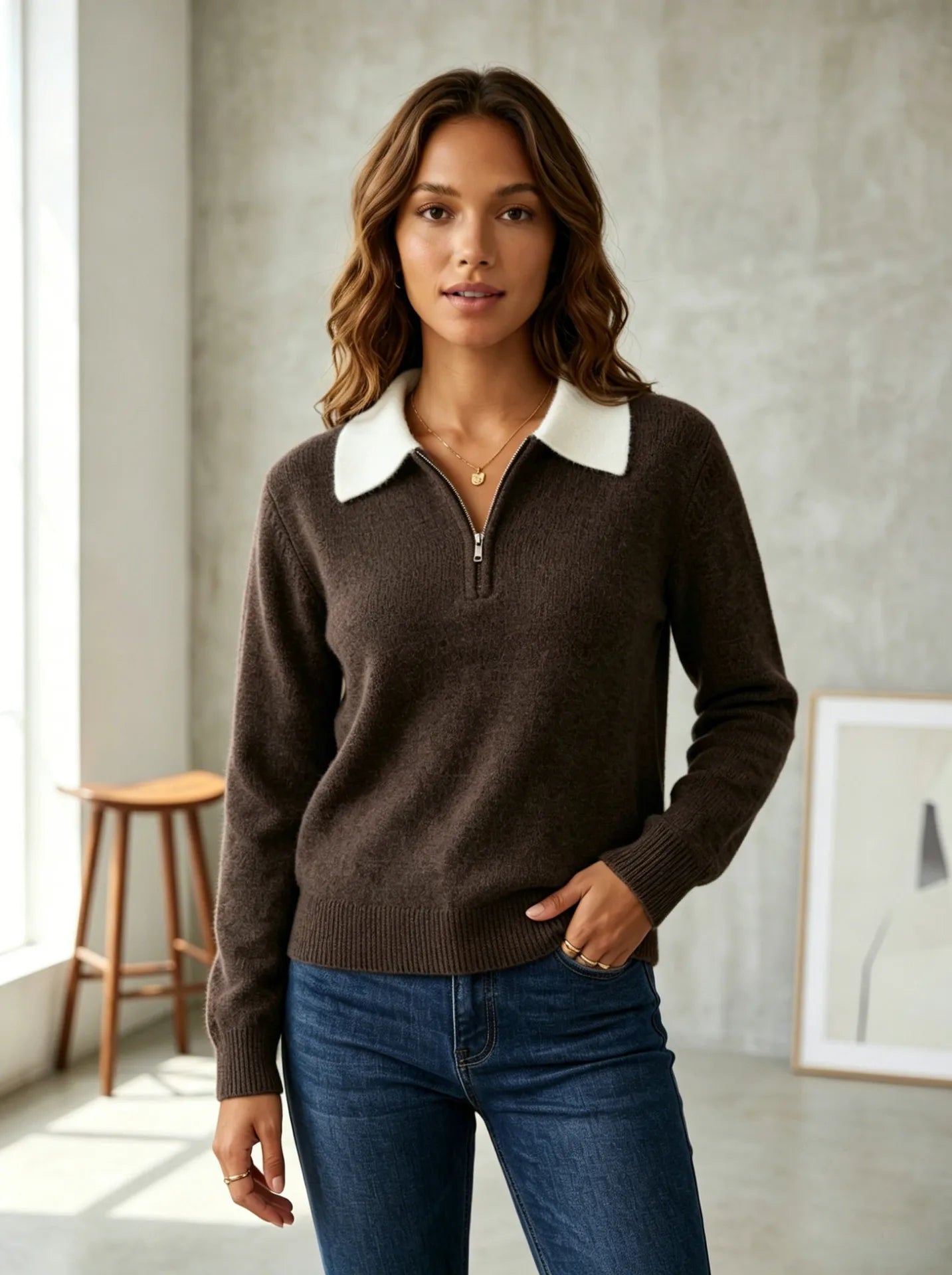 Pull polo col contrasté demi-zip couleur marron, vue de face