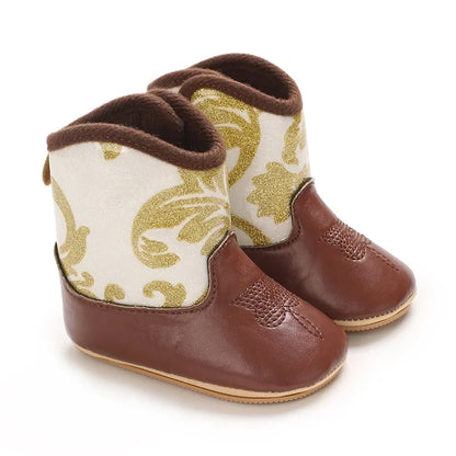 Bottine bébé florale dorée pailletée avec semelle marron