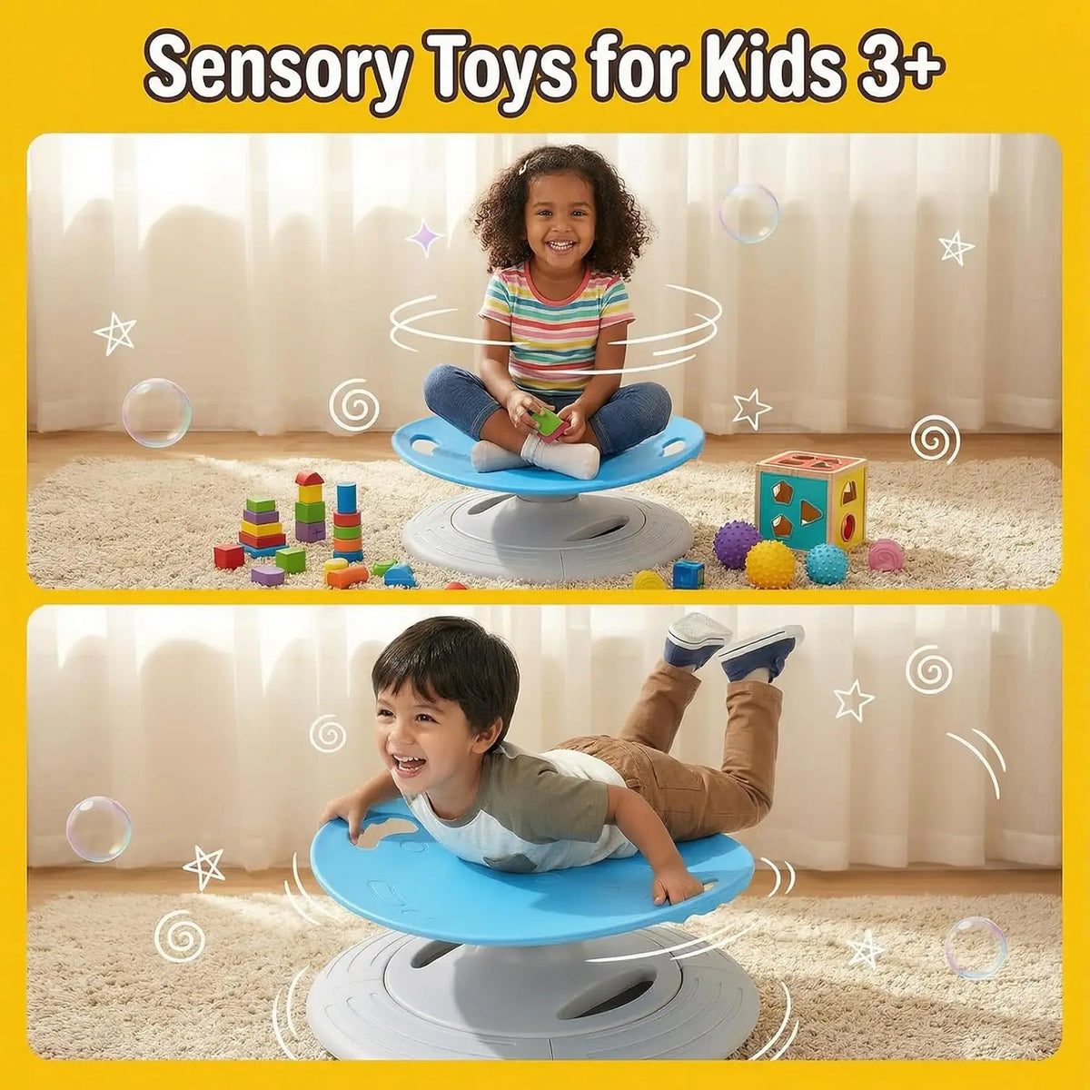 Enfants jouant avec le siège rotatif sensoriel dans le salon