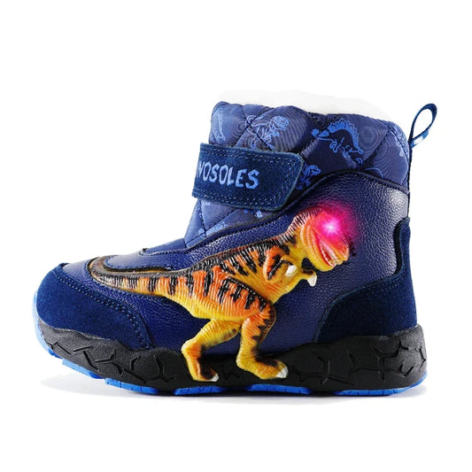 Bottes de neige enfant lumineuses LED bleues motif dinosaure, vue studio