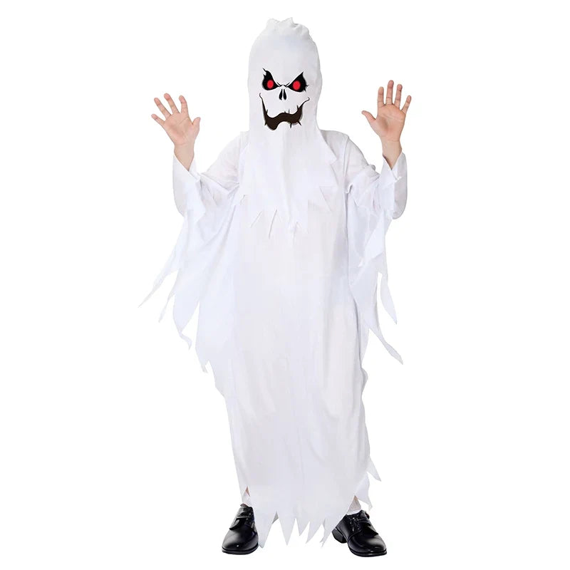 Costume de fantôme blanc enfant avec visage effrayant imprimé, vue de face intégrale