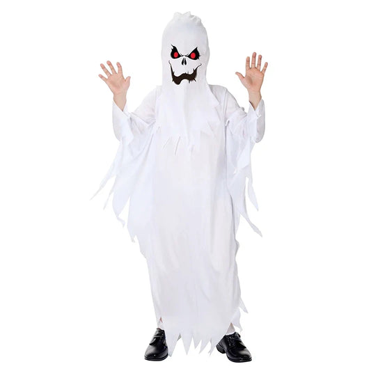 Costume de fantôme blanc enfant avec visage effrayant imprimé, vue de face intégrale
