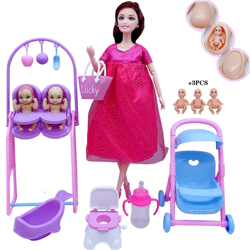 Poussette et lit, accessoires du coffret poupée enceinte
