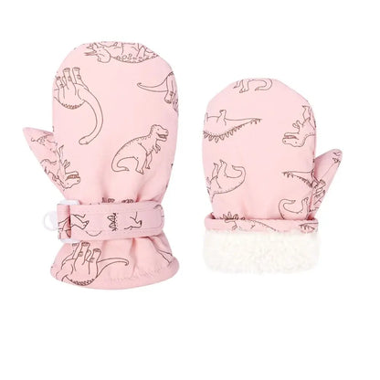 Moufles de ski imperméables enfant motif dinosaure avec poignet sherpa, coloris rose