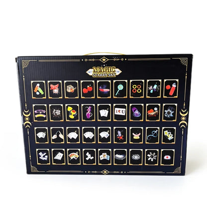 Valisette de rangement du coffret de magie fermée, listant les 36 tours