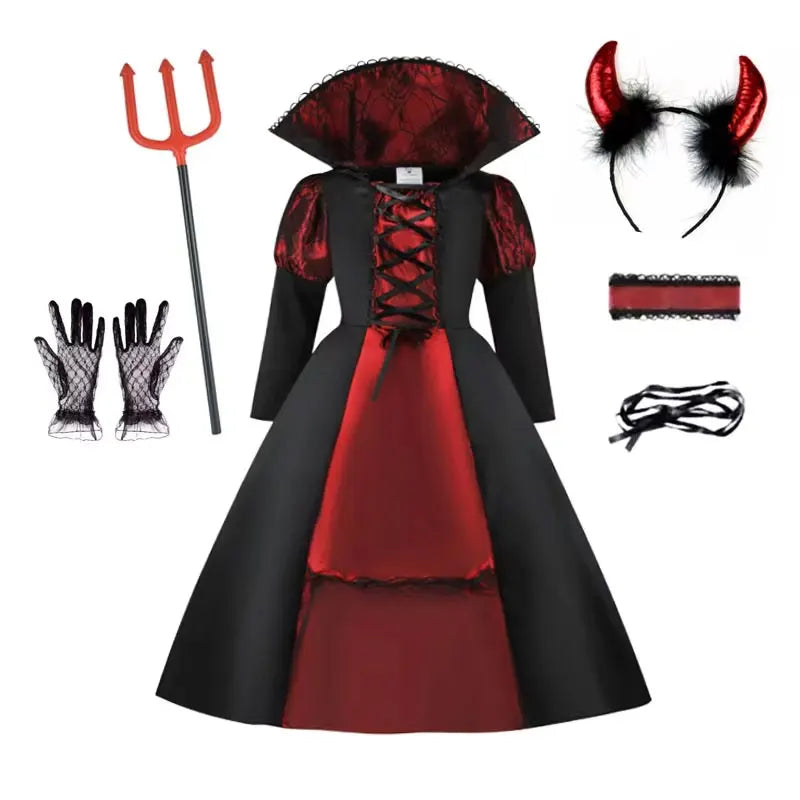 Déguisement de vampire fille avec robe, serre-tête, fourche et cornes de diable