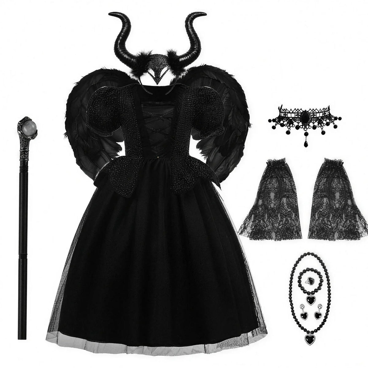 Ensemble complet reine cornue diabolique avec cornes, ailes, sceptre et bijoux