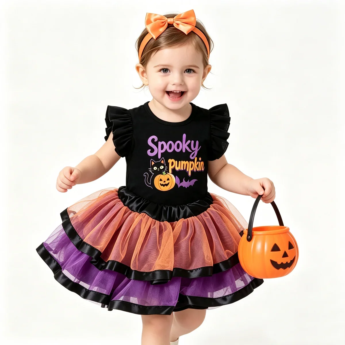 Tenue tutu Halloween bébé, jupe violette et orange, haut avec texte citrouille effrayante