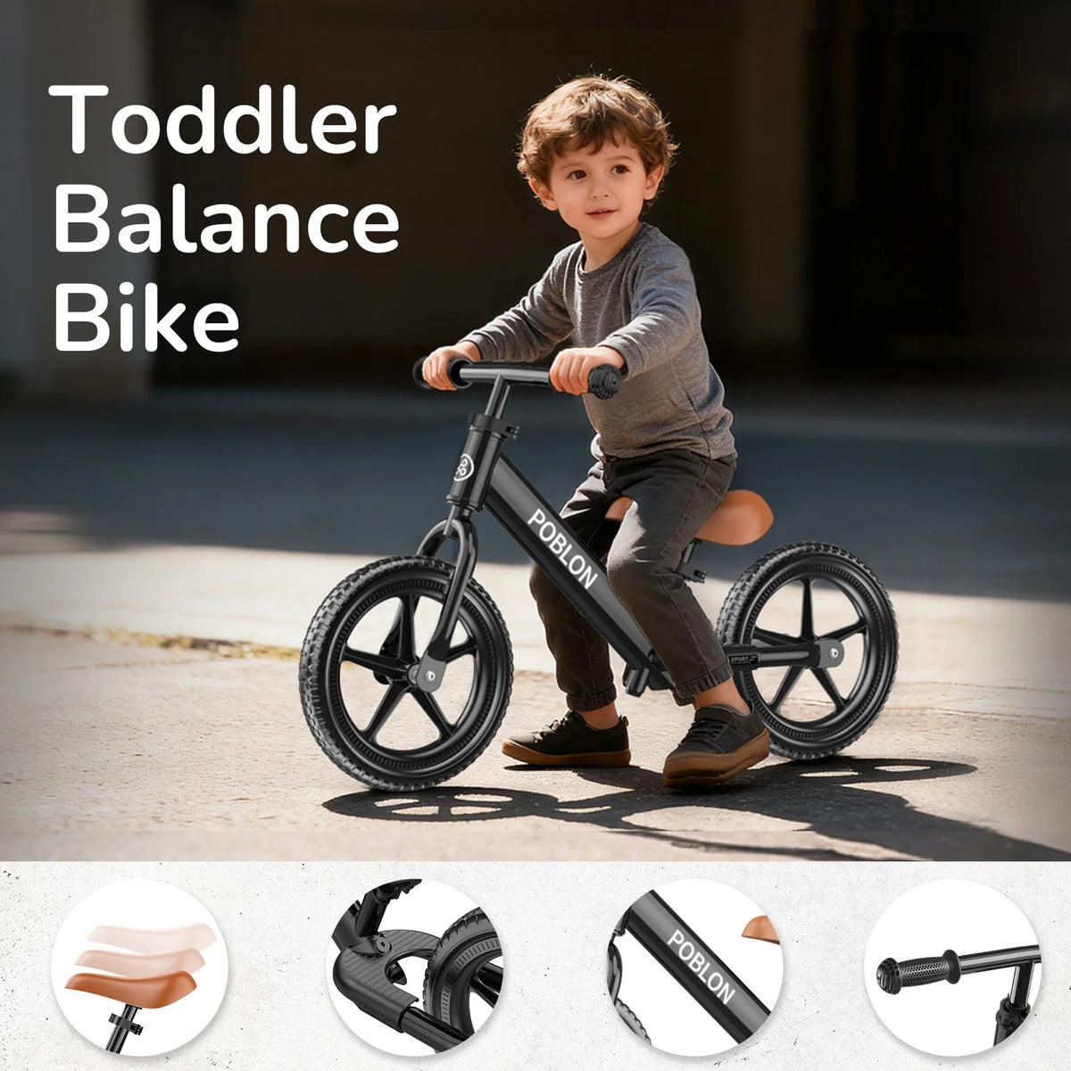 Draisienne pour tout-petits en noir, enfant roulant en extérieur