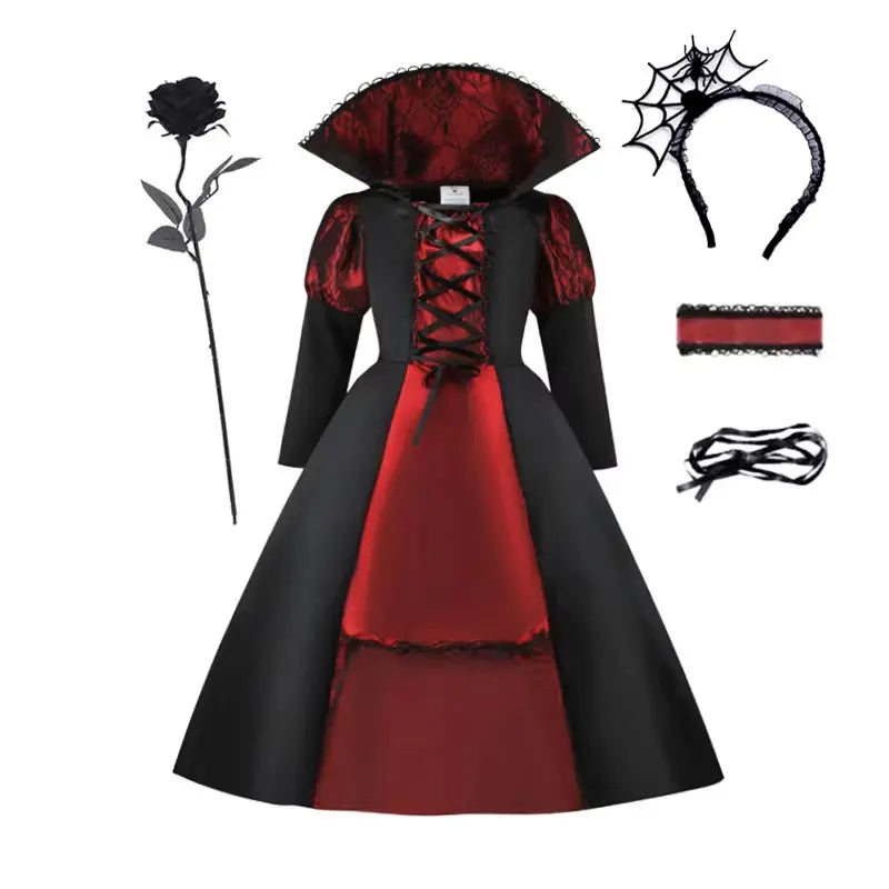 Robe mariée vampire avec serre-tête, rose et gants