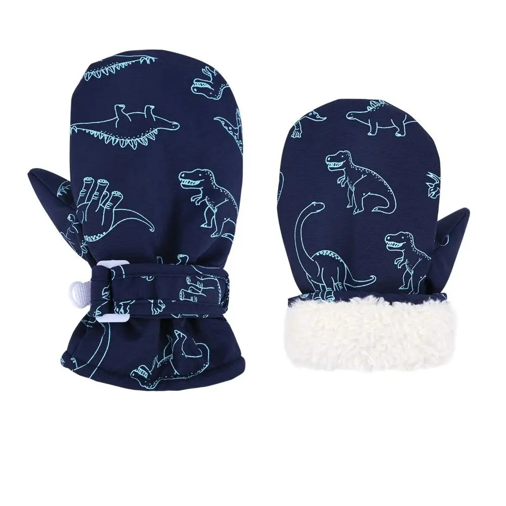 Moufles de ski imperméables enfant motif dinosaure avec poignet sherpa, coloris marine