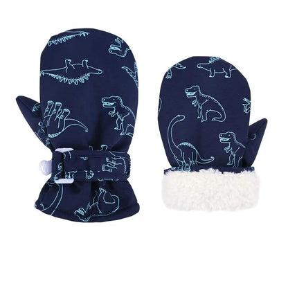 Moufles de ski imperméables enfant motif dinosaure avec poignet sherpa, coloris marine