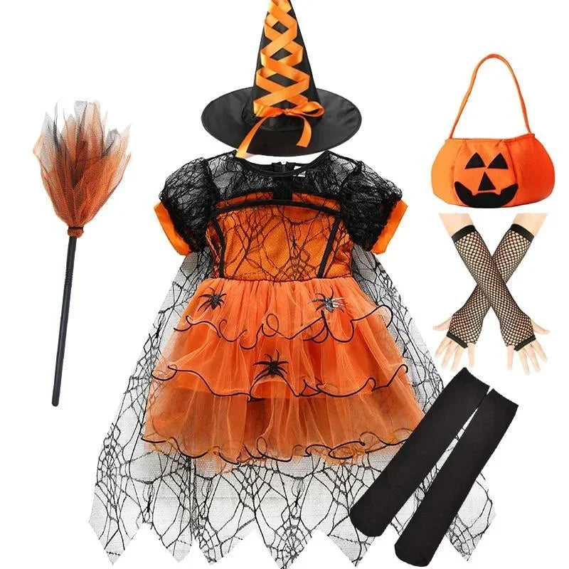 Robe tutu orange avec chapeau, sac citrouille et leggings assortis