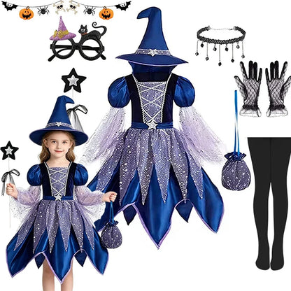 Ensemble déguisement sorcière étoilée pour fille à plat : robe, chapeau, gants, collier, sac et collants