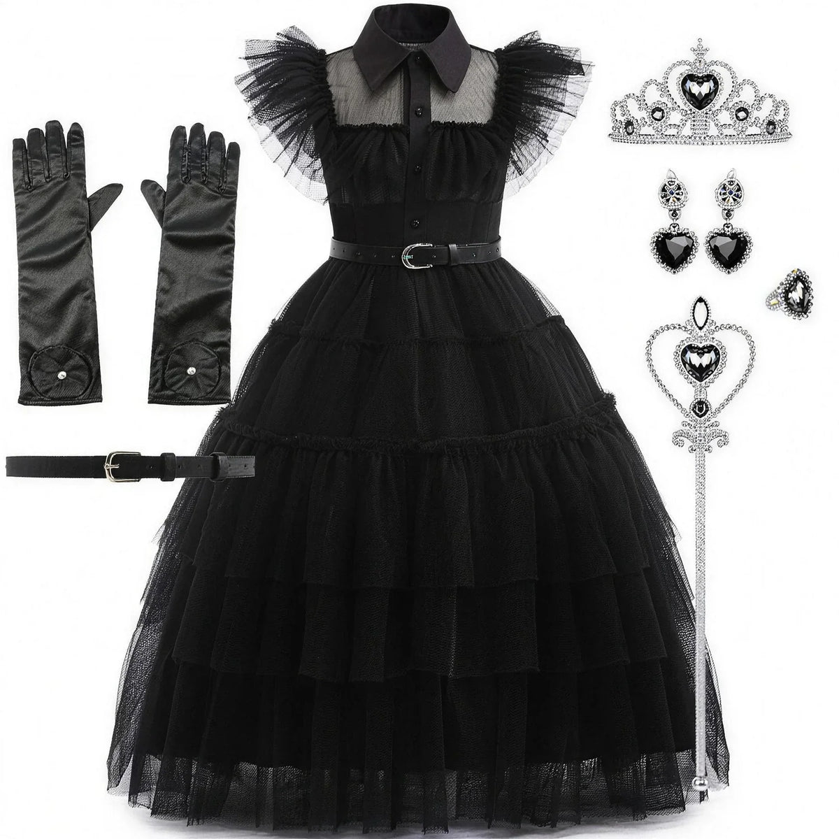 Robe écolière gothique avec ceinture, gants et bijoux assortis