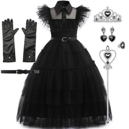 Robe écolière gothique avec ceinture, gants et bijoux assortis