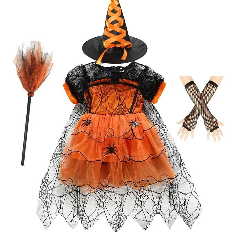Robe tutu orange avec chapeau de sorcière et balai assortis