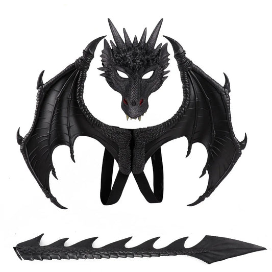 Ensemble cosplay dragon noir avec masque, ailes et queue