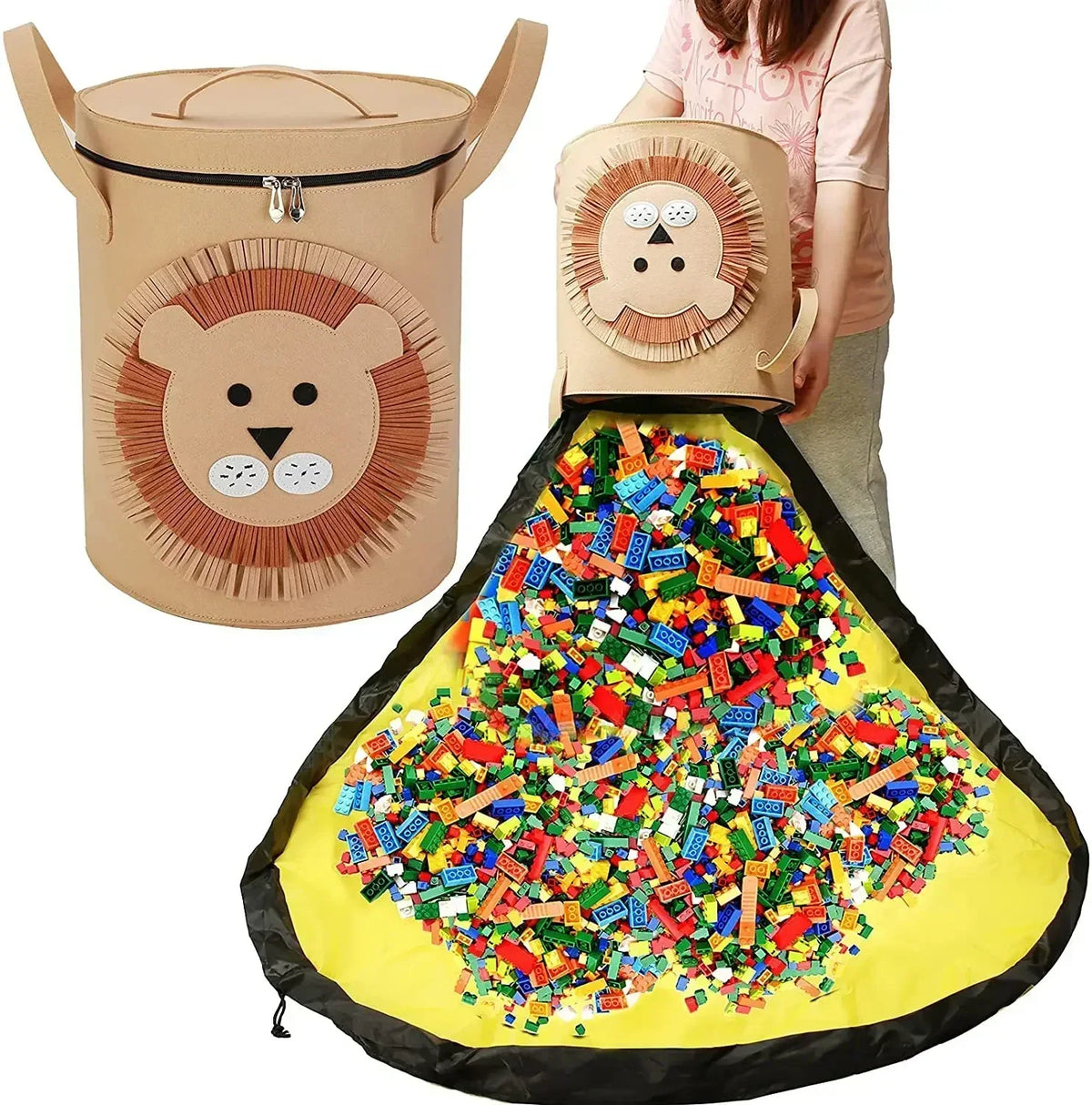 Panier de rangement en feutre lion déplié en tapis de jeu