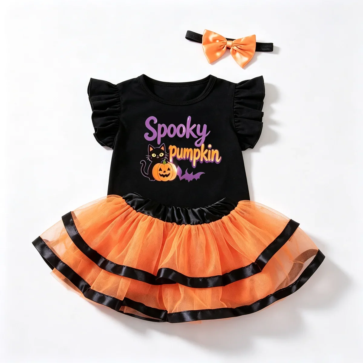 Tenue tutu Halloween bébé, jupe orange et noire, haut imprimé citrouille souriante