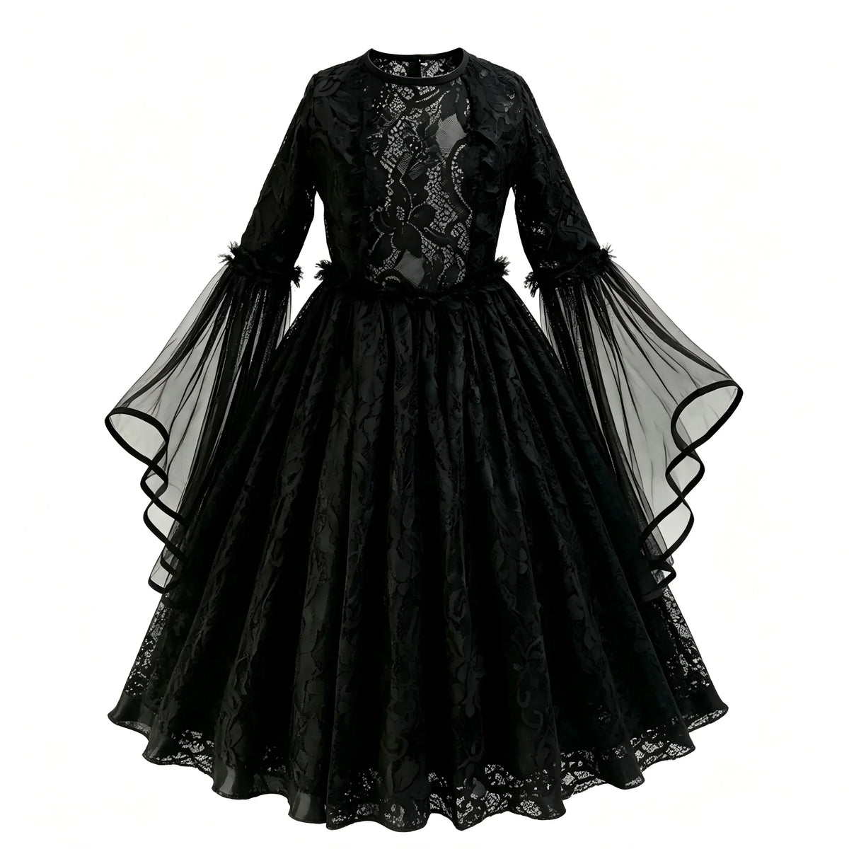 Déguisement de mariée fantôme gothique pour fille, vue rapprochée de la robe en dentelle et des roses