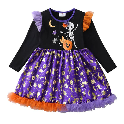 Robe fille imprimé squelette et citrouille pour Halloween, à plat