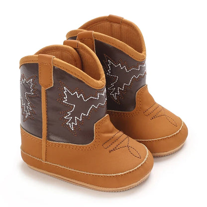 Bottine bébé beige avec empiècement marron surpiqué