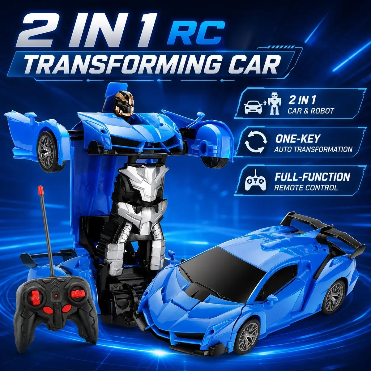 Voiture RC transformable en robot, bleue, avec télécommande