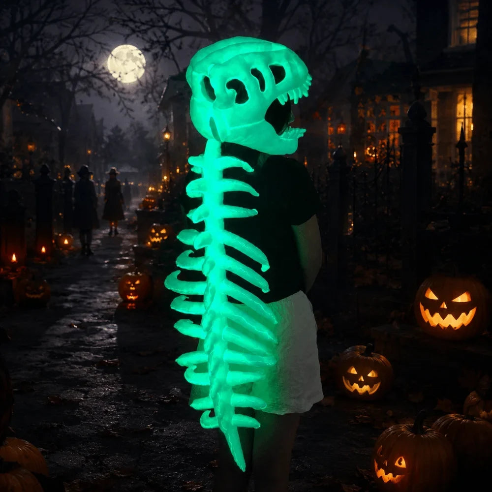 Costume squelette de dinosaure qui brille dans le noir, scène nocturne d'Halloween