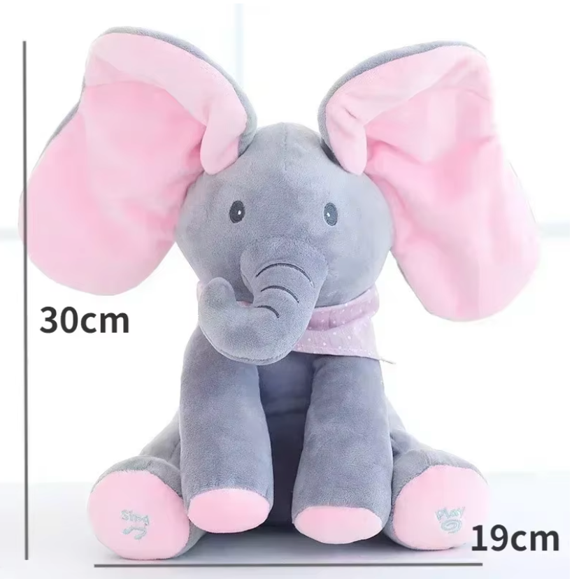 Éléphant peluche coucou interactif, vue de côté