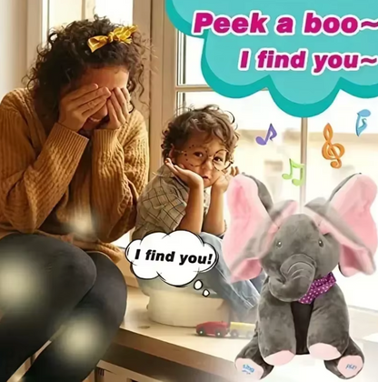 Éléphant peluche coucou interactif, gros plan