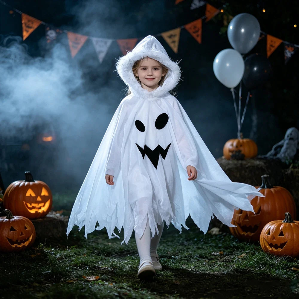 Fillette portant une cape de fantôme blanche à capuche, scène Halloween