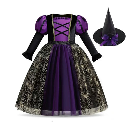 Robe de sorcière violette toile d'araignée avec chapeau pointu assorti