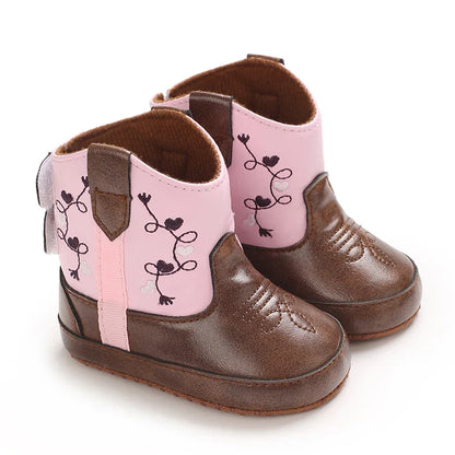 Bottine bébé imprimé floral rose et marron avec broderie